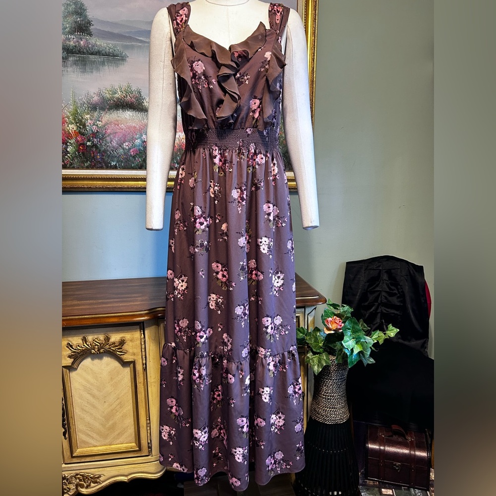Lauren Conrad Long Pink Plum Purple Floral Chiffon Ruffle Sleeveless Maxi  Dress - Picture 3 of 9